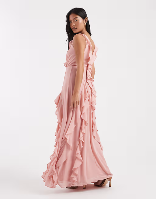 Flowy chiffon V-neck sleeveless ruffle floor-length bridesmaid dress