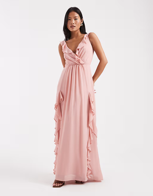 Flowy chiffon V-neck sleeveless ruffle floor-length bridesmaid dress