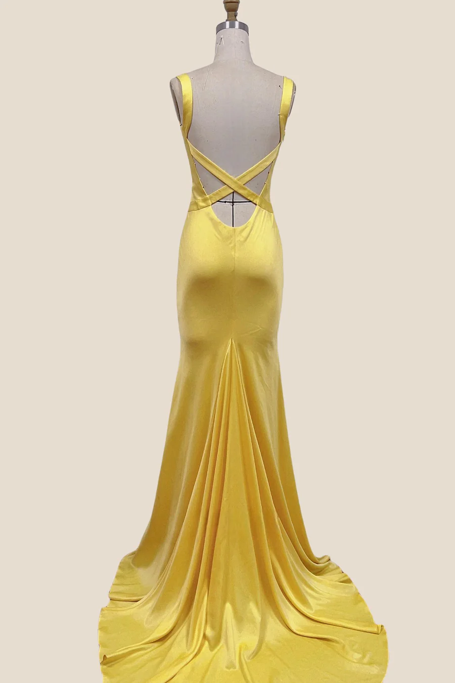 Satin Mermaid V-Neck Wide Straps Cross-Back Floor-Length Bridesmaid Dress