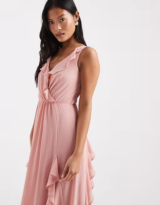 Flowy chiffon V-neck sleeveless ruffle floor-length bridesmaid dress