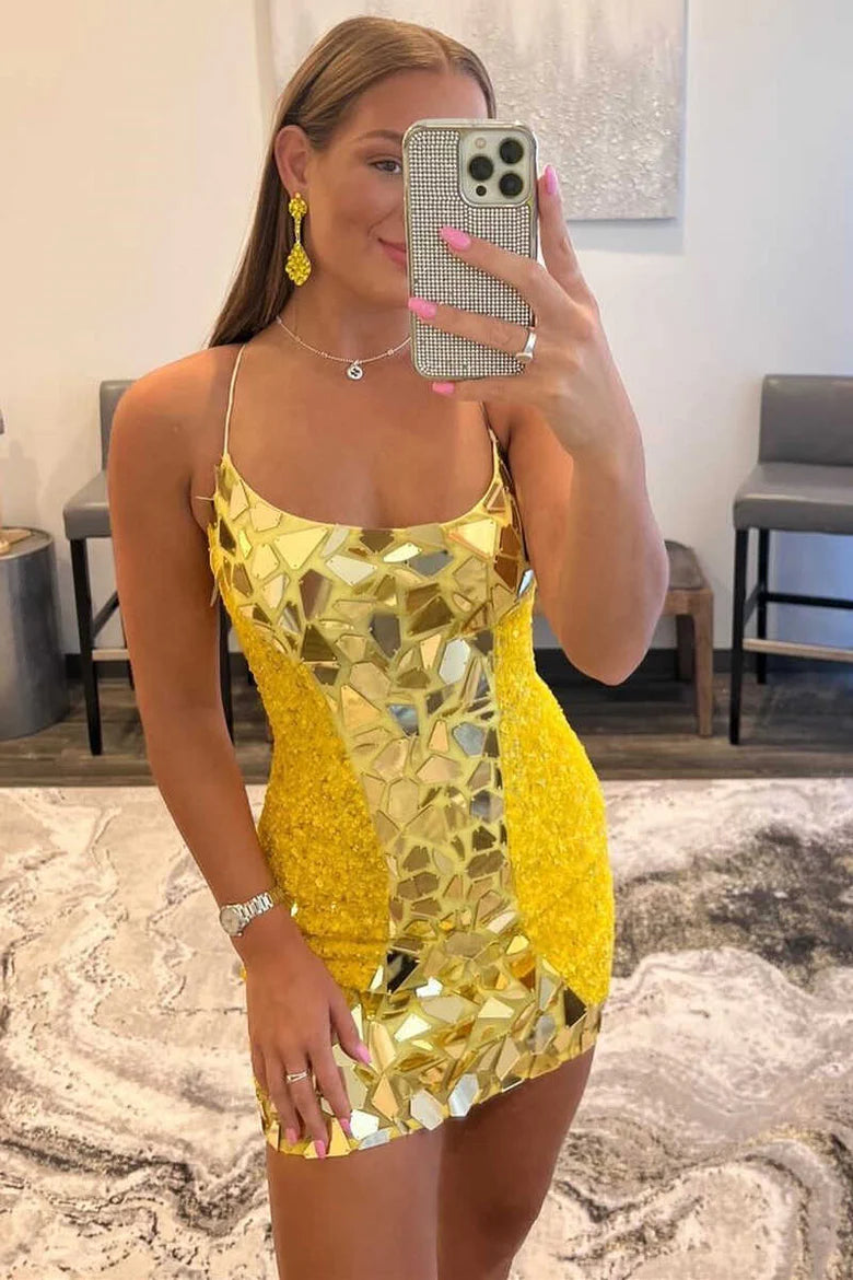Yellow Cut Glass Mirror And Sequin Lace-Up Retract Your Waist Homecoming Dress