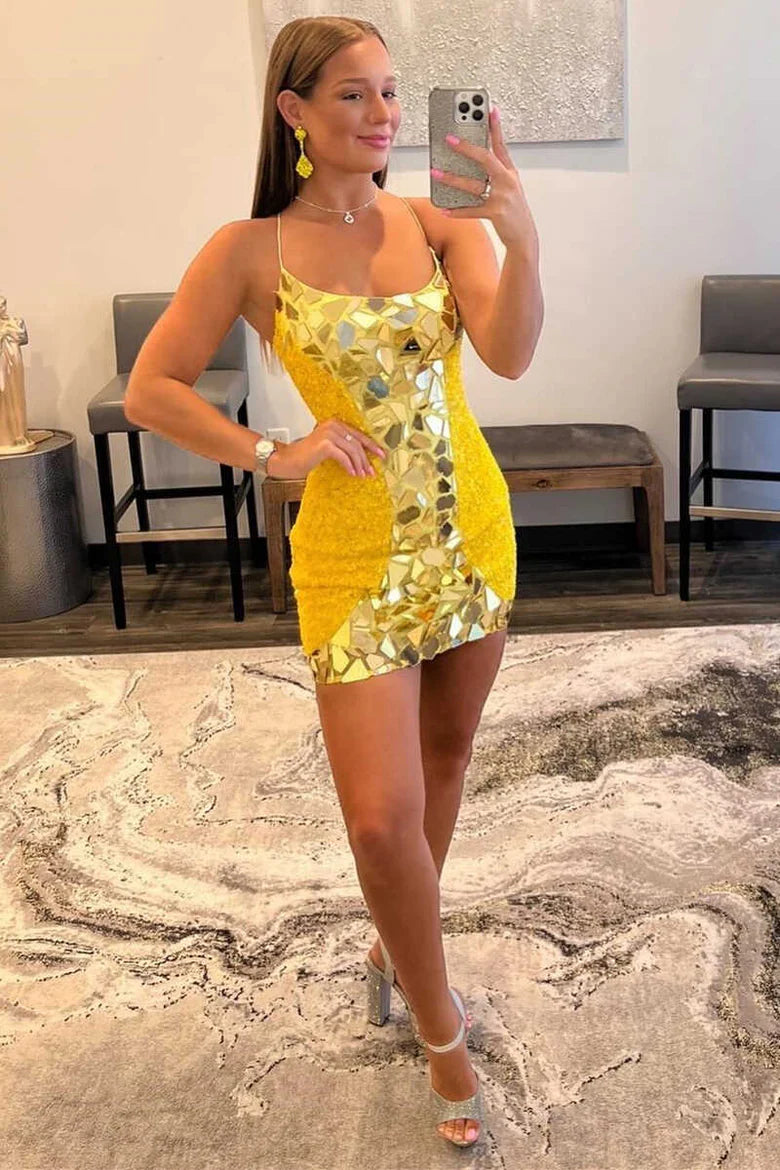 Yellow Cut Glass Mirror And Sequin Lace-Up Retract Your Waist Homecoming Dress