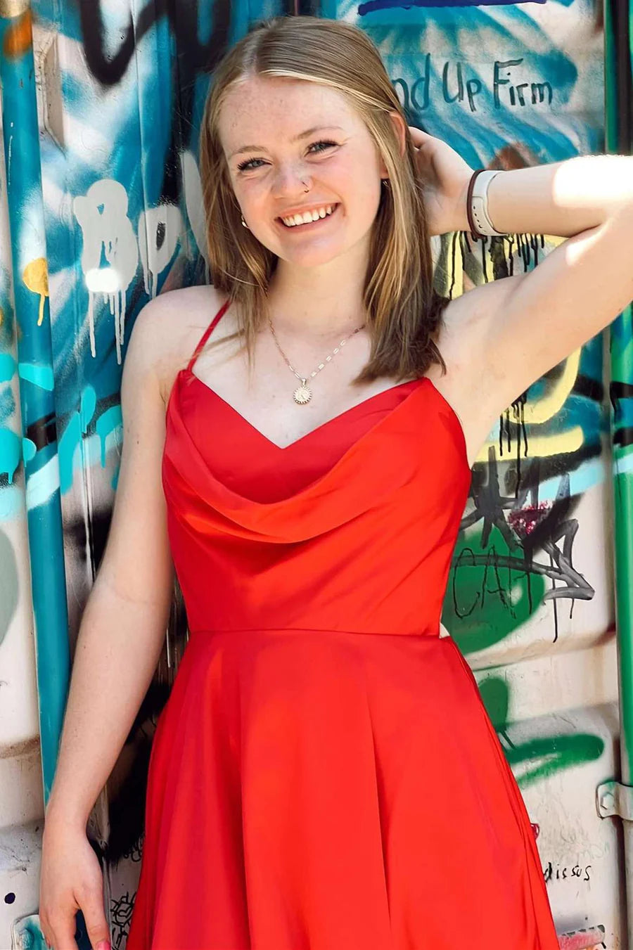 Neon Red Cowl Neck Lace-Up A-Line Homecoming Dress