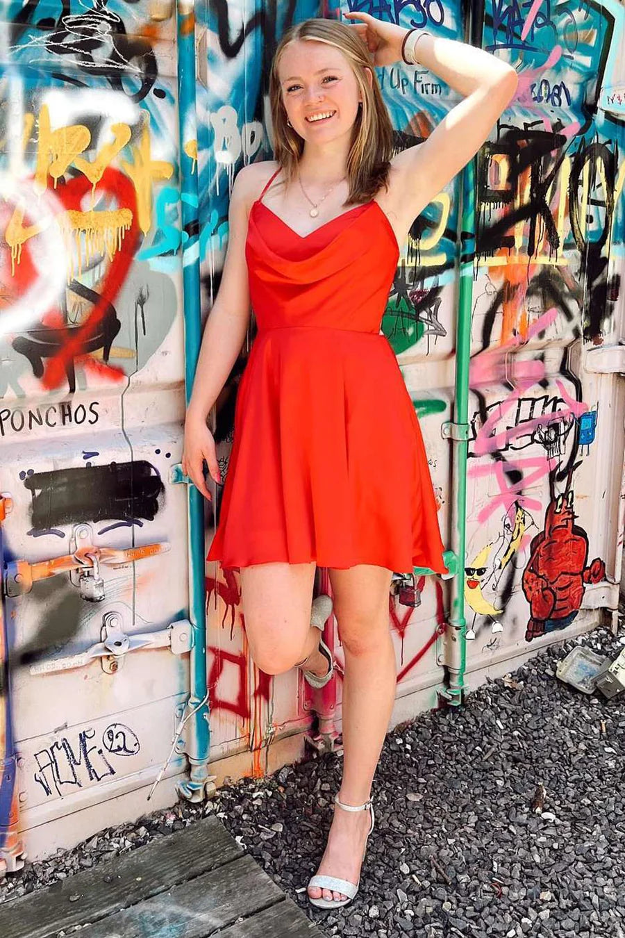 Neon Red Cowl Neck Lace-Up A-Line Homecoming Dress