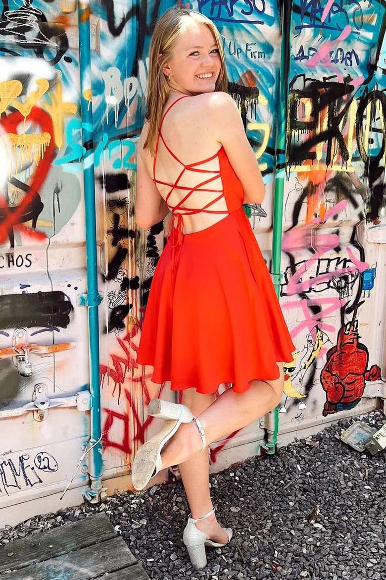 Neon Red Cowl Neck Lace-Up A-Line Homecoming Dress