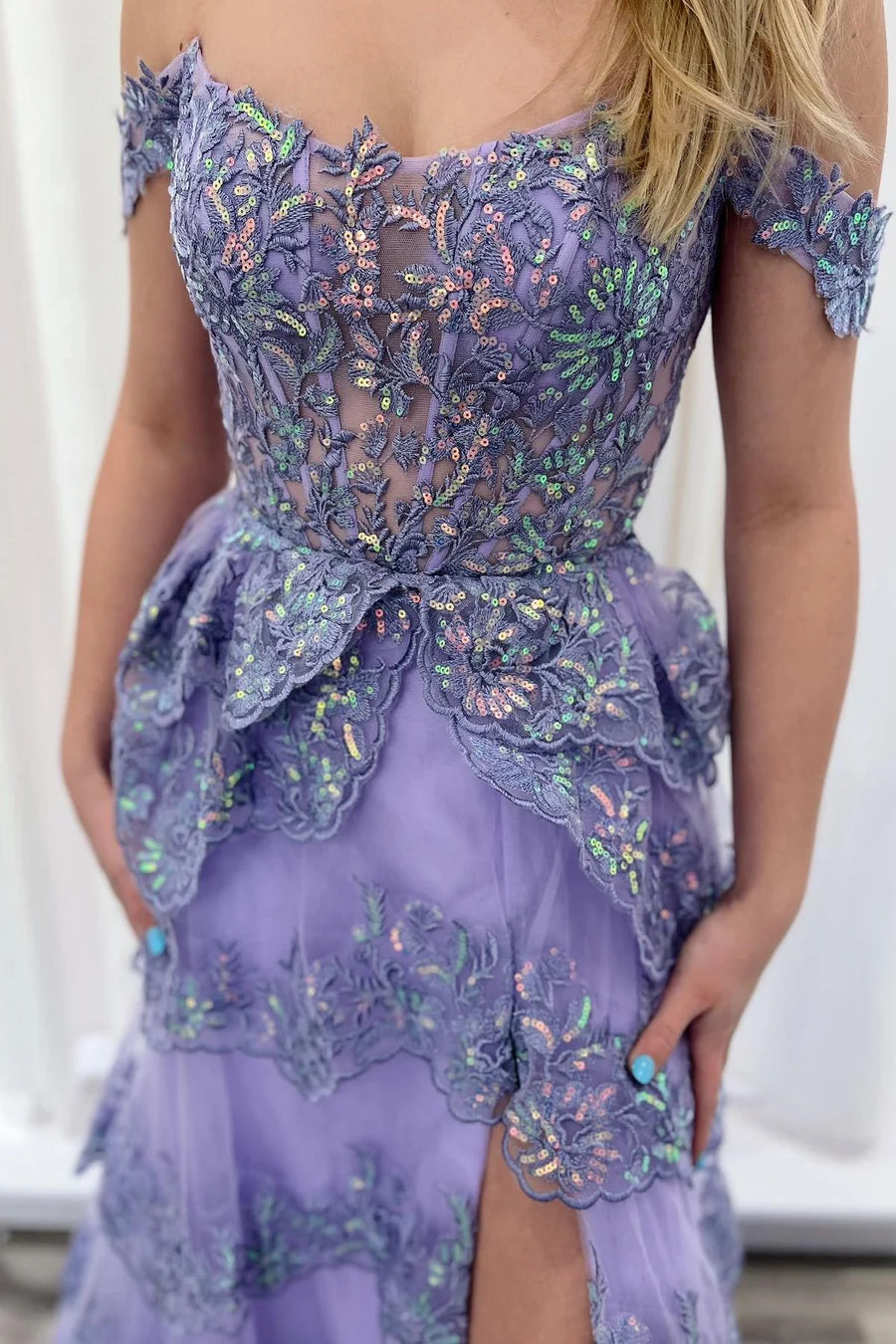 Off-the-Shoulder Glitter Appliques Ruffle Prom Gown