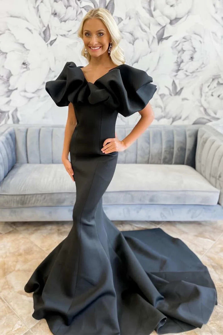 Black Ruffled Mermaid Long Full Of Charm Evening Dress