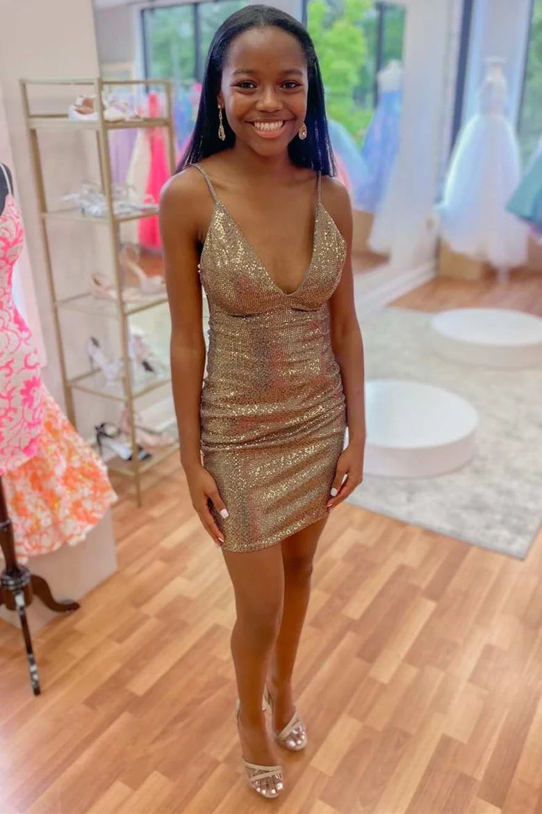 Gold Sequin V-Neck Open Back Tight Homecoming Dress