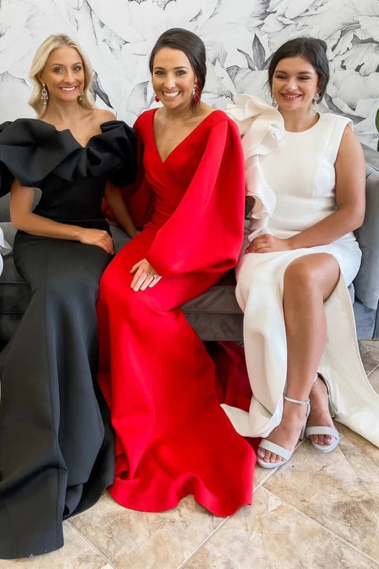 Red V-Neck Balloon Sleeve Mermaid Mother of the Bride Dress