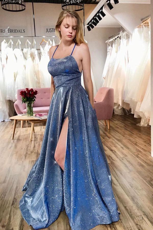 Navy Blue Long Prom Dresses with Pockets Split Evening Dresses