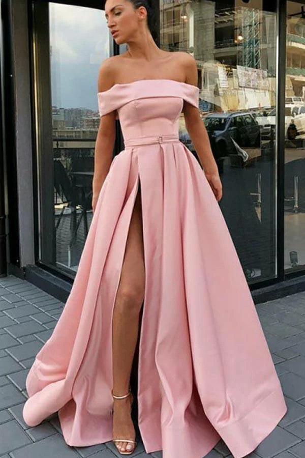 Off the Shoulder A-Line Sweep Train Split Front Pink Full Of Charm Prom Dress