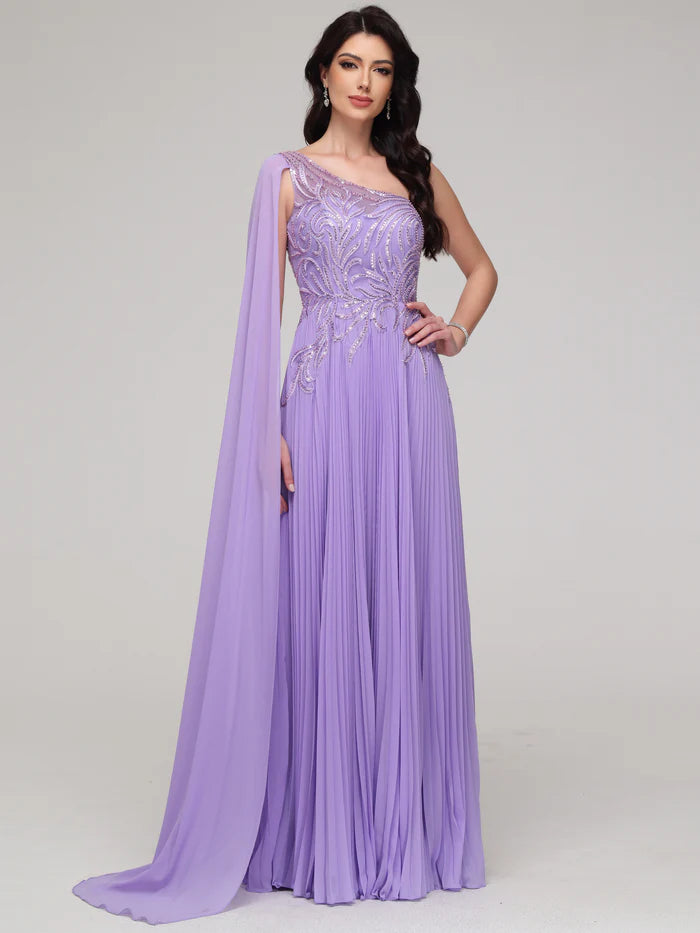 One Shoulder Flowy Sequin Appliqued Chiffon Unique Design Full Of Charm Prom Dress