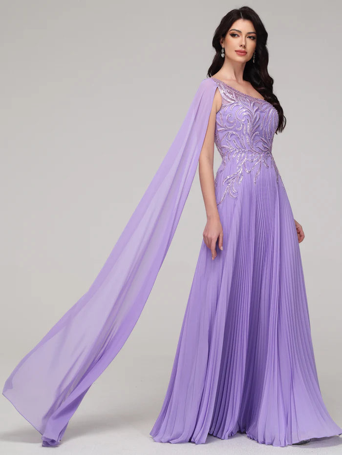 One Shoulder Flowy Sequin Appliqued Chiffon Unique Design Full Of Charm Prom Dress