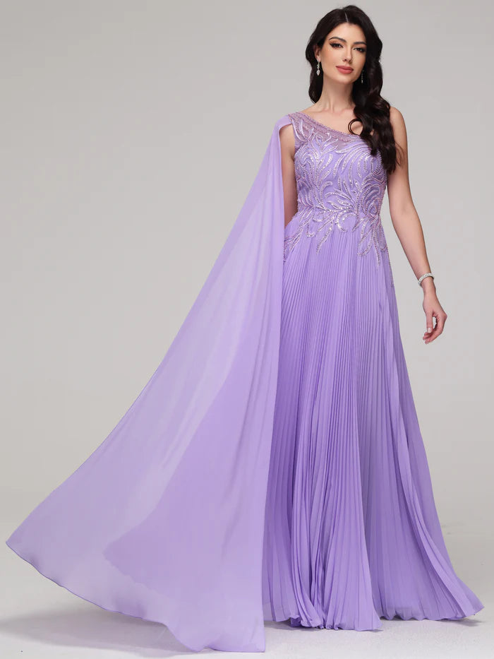 One Shoulder Flowy Sequin Appliqued Chiffon Unique Design Full Of Charm Prom Dress
