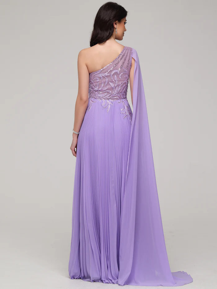 One Shoulder Flowy Sequin Appliqued Chiffon Unique Design Full Of Charm Prom Dress