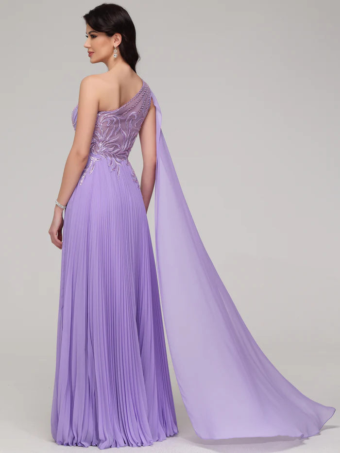 One Shoulder Flowy Sequin Appliqued Chiffon Unique Design Full Of Charm Prom Dress