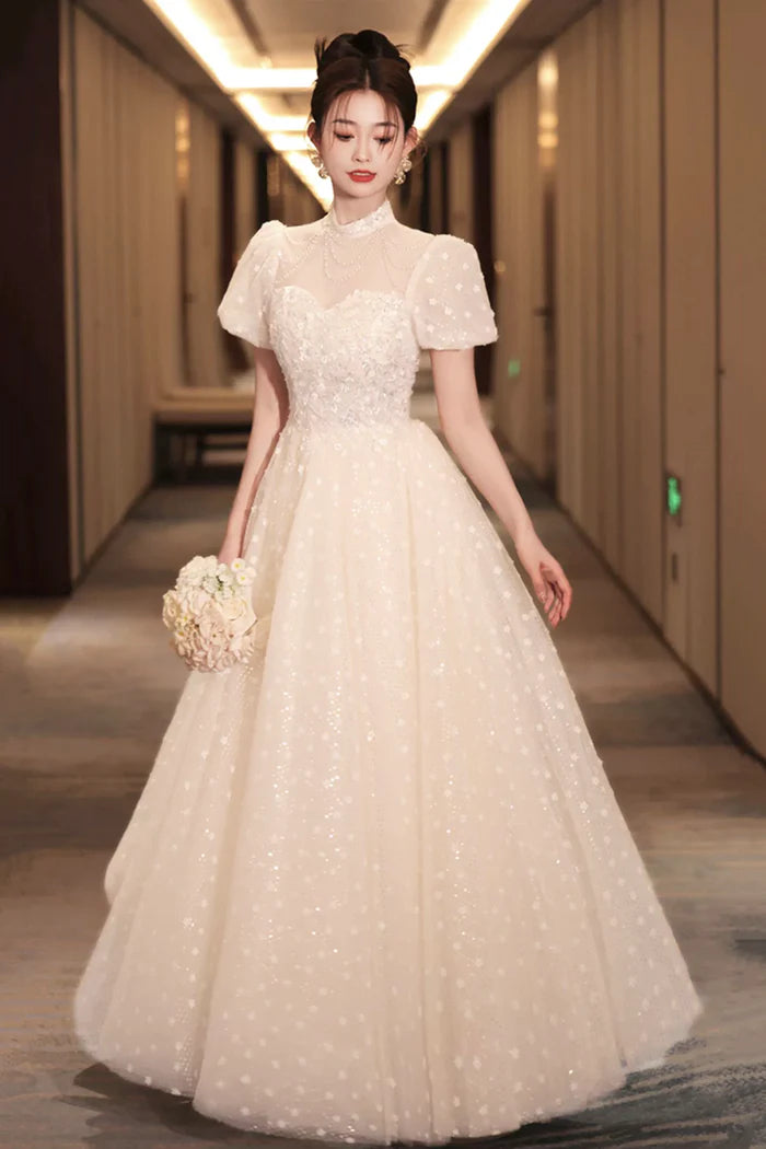 Champagne Tulle Sequins Long Prom Dress, A-Line Short Sleeve Evening Party Dress