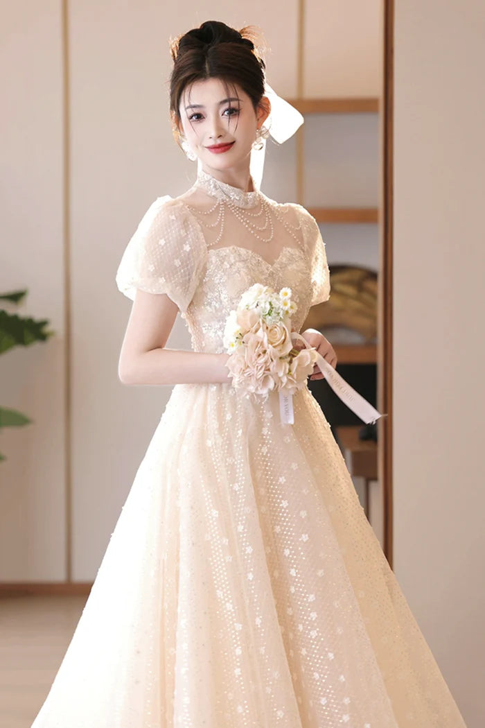 Champagne Tulle Sequins Long Prom Dress, A-Line Short Sleeve Evening Party Dress