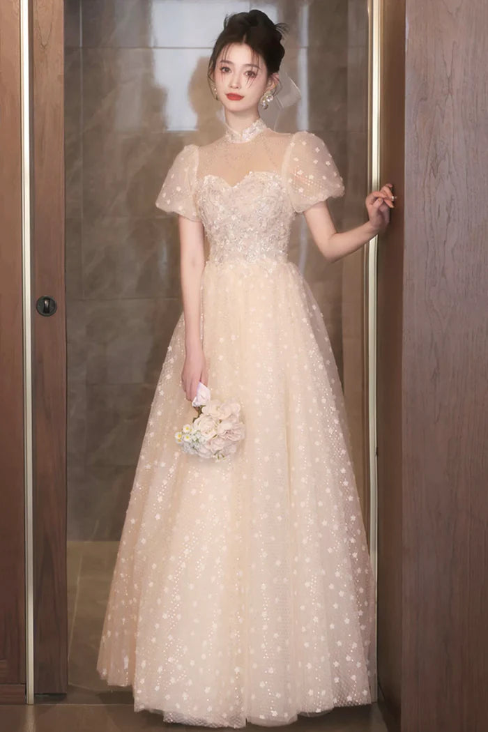 Champagne Tulle Sequins Long Prom Dress, A-Line Short Sleeve Evening Party Dress
