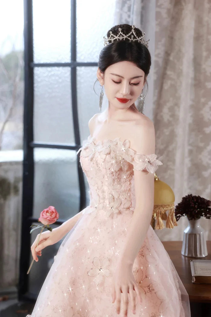 Champagne Tulle Sequins Long Prom Dress, A-Line Short Sleeve Evening Party Dress