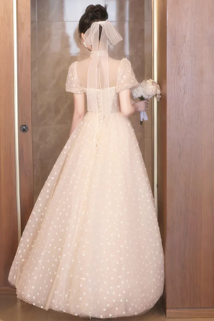 Champagne Tulle Sequins Long Prom Dress, A-Line Short Sleeve Evening Party Dress