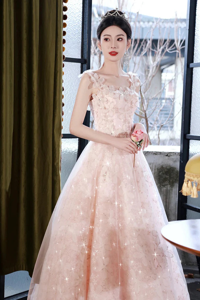 Champagne Tulle Sequins Long Prom Dress, A-Line Short Sleeve Evening Party Dress