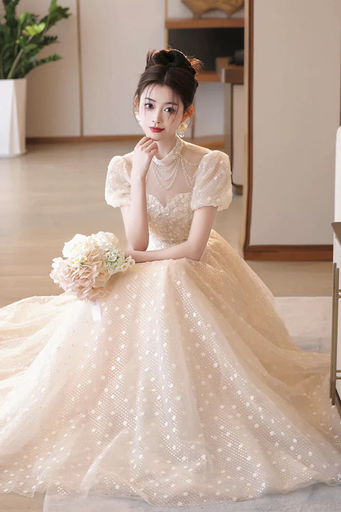 Champagne Tulle Sequins Long Prom Dress, A-Line Short Sleeve Evening Party Dress