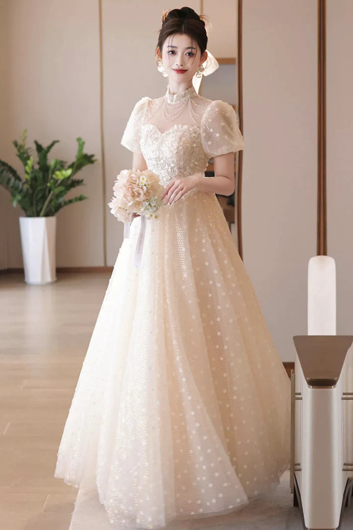 Champagne Tulle Sequins Long Prom Dress, A-Line Short Sleeve Evening Party Dress