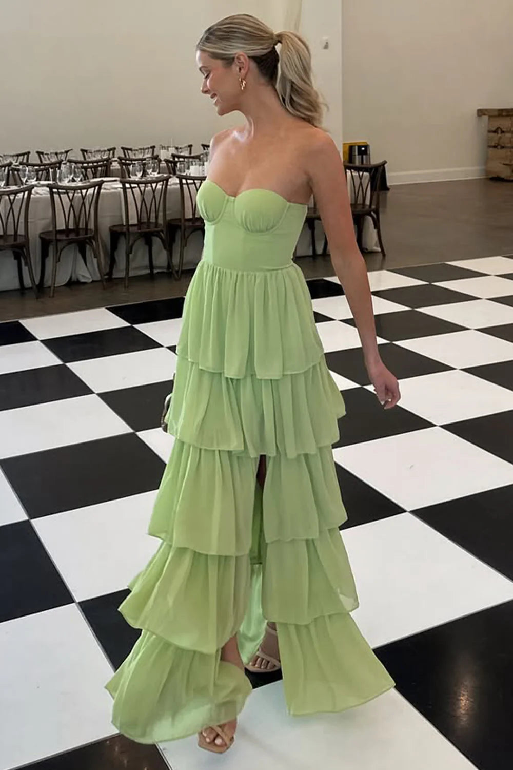 Princess A Line Sweetheart Green Long  Retract Your Waist Prom Dress