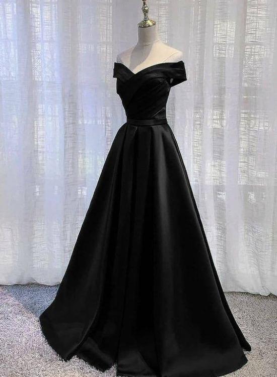 Pretty Off Shoulder Black Satin A-line Full Of Charm Prom Dress