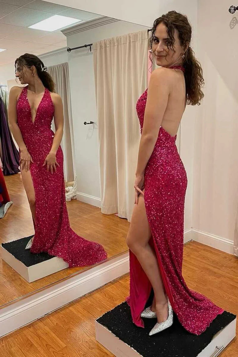 Red Sequin Halter Backless Long Full Of Charm Formal Dress