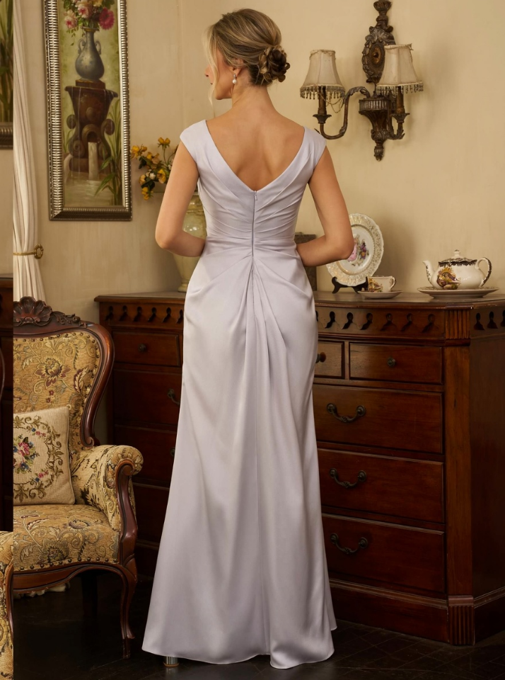 Elegant Satin Sheath Column Boat Neck Sleeveless Cap Sleeves Ruched V-Back Zipper Closure High Slit Floor-Length Maxi Formal Mother of the Bride Dresses
