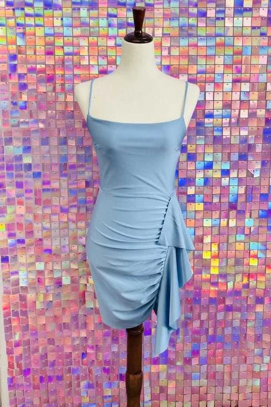 Misty Blue Straps Ruffles Tight Retract Your Waist Homecoming Dress