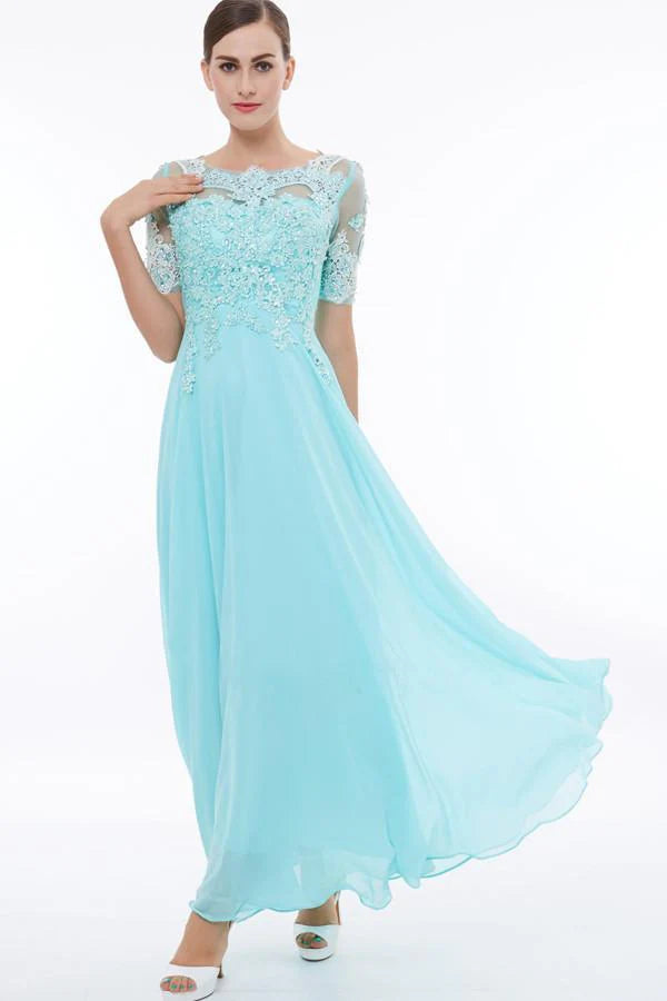 Scoop Neck Short Sleeves Beading Appliques Prom Dress Evening Dresses