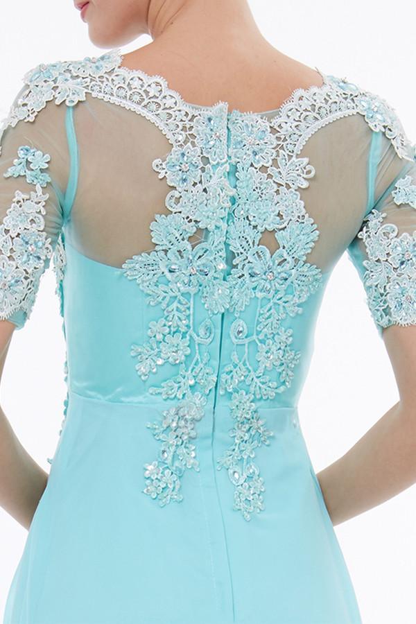 Scoop Neck Short Sleeves Beading Appliques Prom Dress Evening Dresses