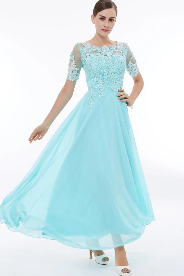 Scoop Neck Short Sleeves Beading Appliques Prom Dress Evening Dresses