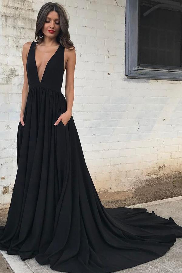 Simple Black Chiffon Backless Deep V Neck A line Long Full Of Charm Prom Dress