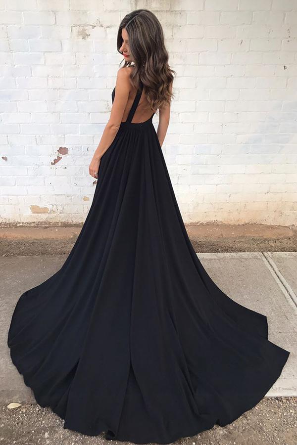 Simple Black Chiffon Backless Deep V Neck A line Long Full Of Charm Prom Dress