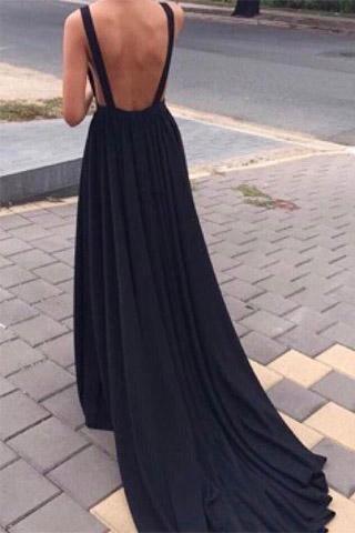 Simple Black Chiffon Backless Deep V Neck A line Long Full Of Charm Prom Dress