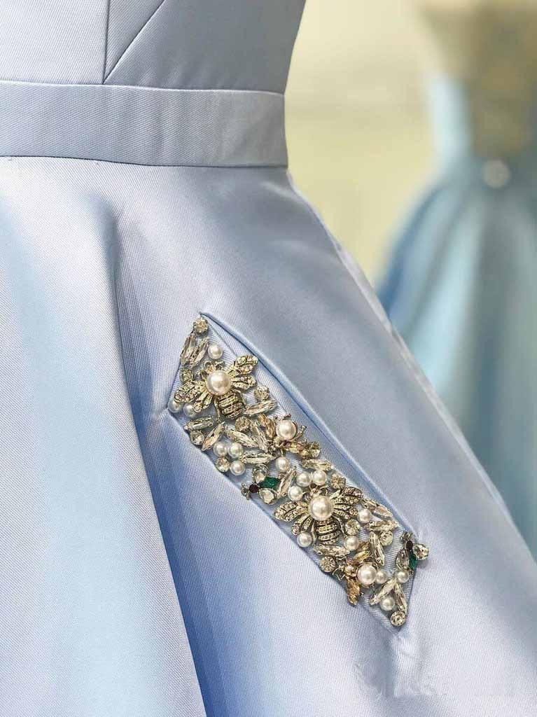 Simple V Neck Sky Blue Satin Long Full Of Charm Prom Dress