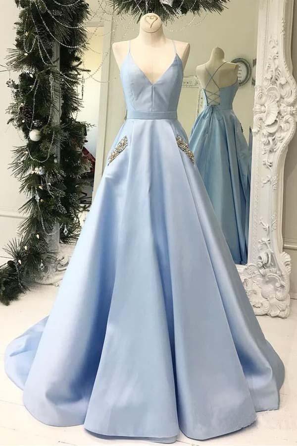 Simple V Neck Sky Blue Satin Long Full Of Charm Prom Dress