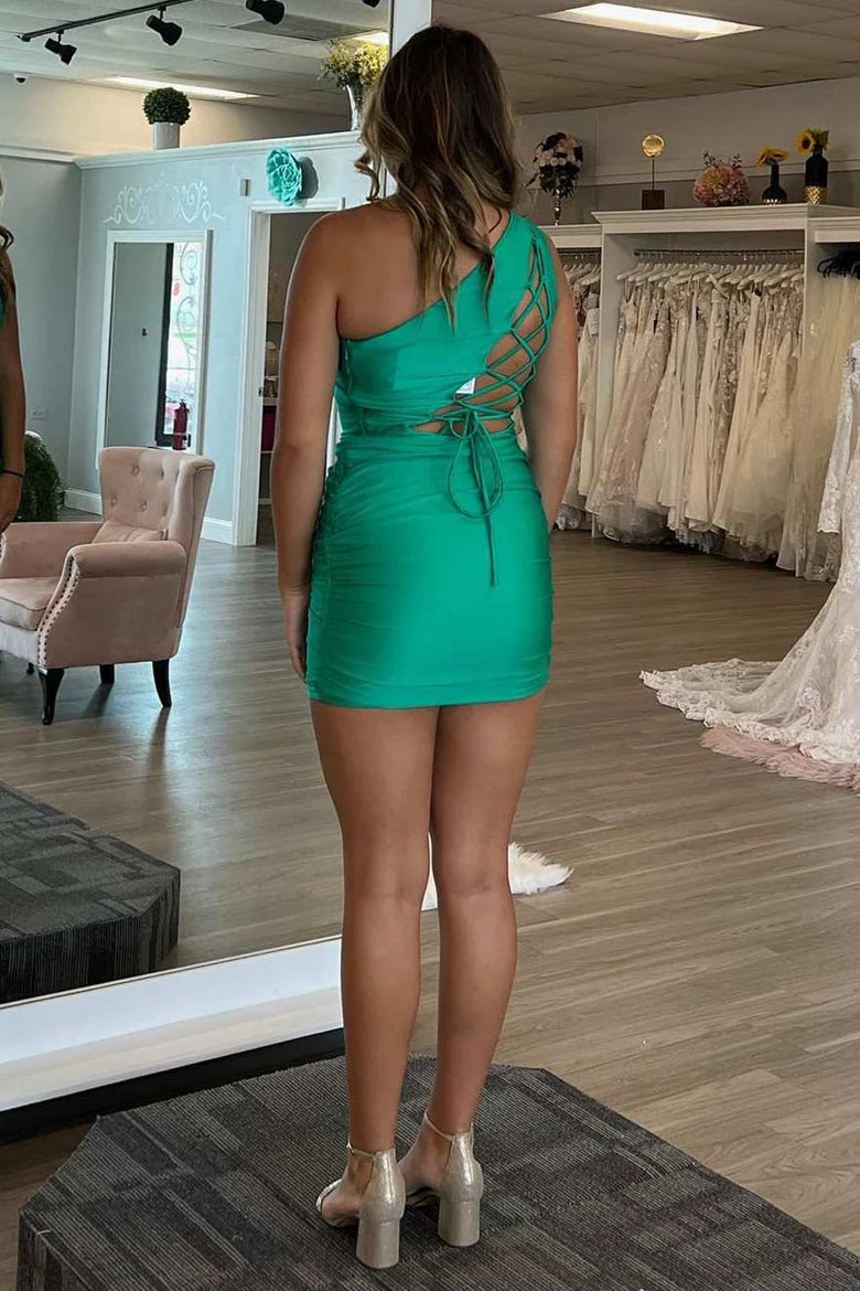Green One-Shoulder Lace-Up Tight Unique Design Homecoming Dress