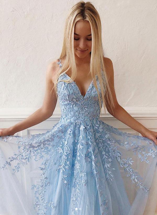 Sky Blue Lace Prom Dresses Long V Neck Rose Red Formal Dress