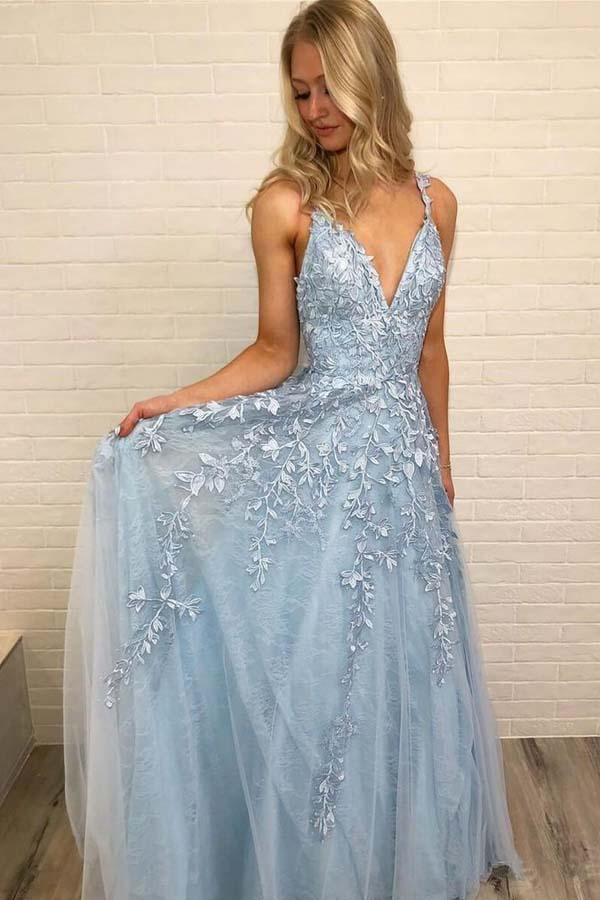 Sky Blue Lace Prom Dresses Long V Neck Rose Red Formal Dress
