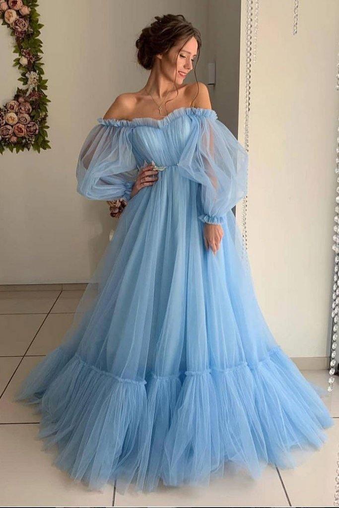 Off the Shoulder Sky Blue Long Prom Dress Elegant Full Of Charm Prom Dress