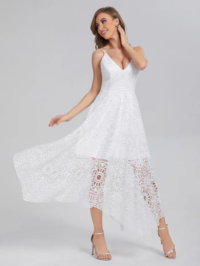 Sleeveless Tea Length Lace Unique Design Full Of Charm Prom Dress