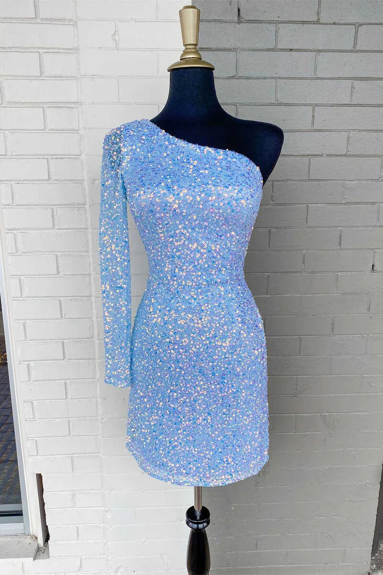Lavender Sequin One Sleeve Short Retract Your Waist Homecoming Dress