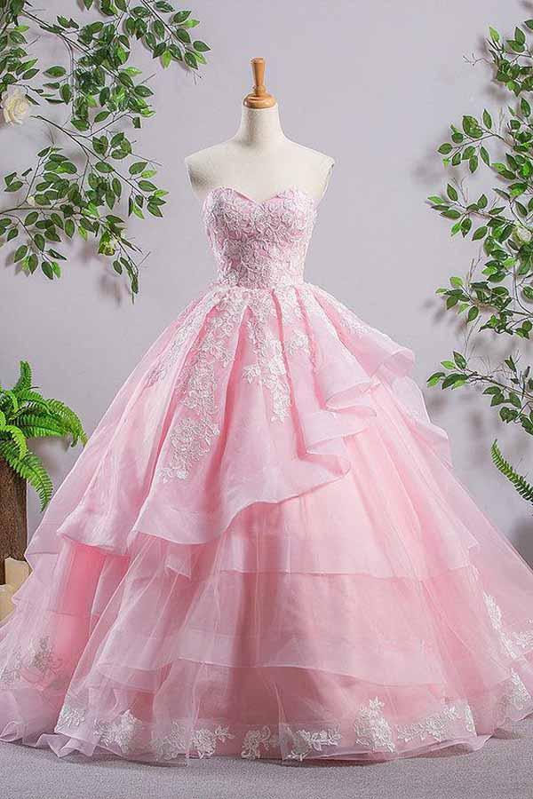 Sweetheart Pink A-line Lace Evening Dresses Prom Dresses