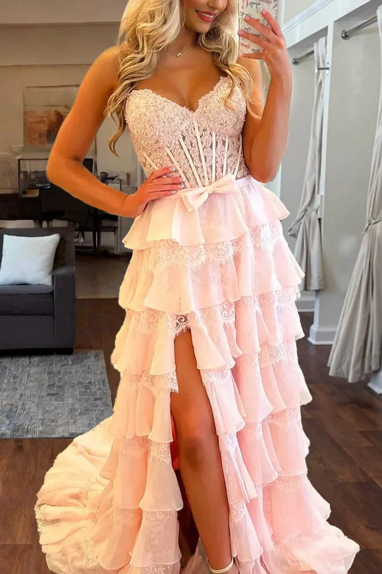 Romantic Fitted A-Line Sweetheart Neck Sleeveless Lace-Up Back Floor-Length Prom Gown