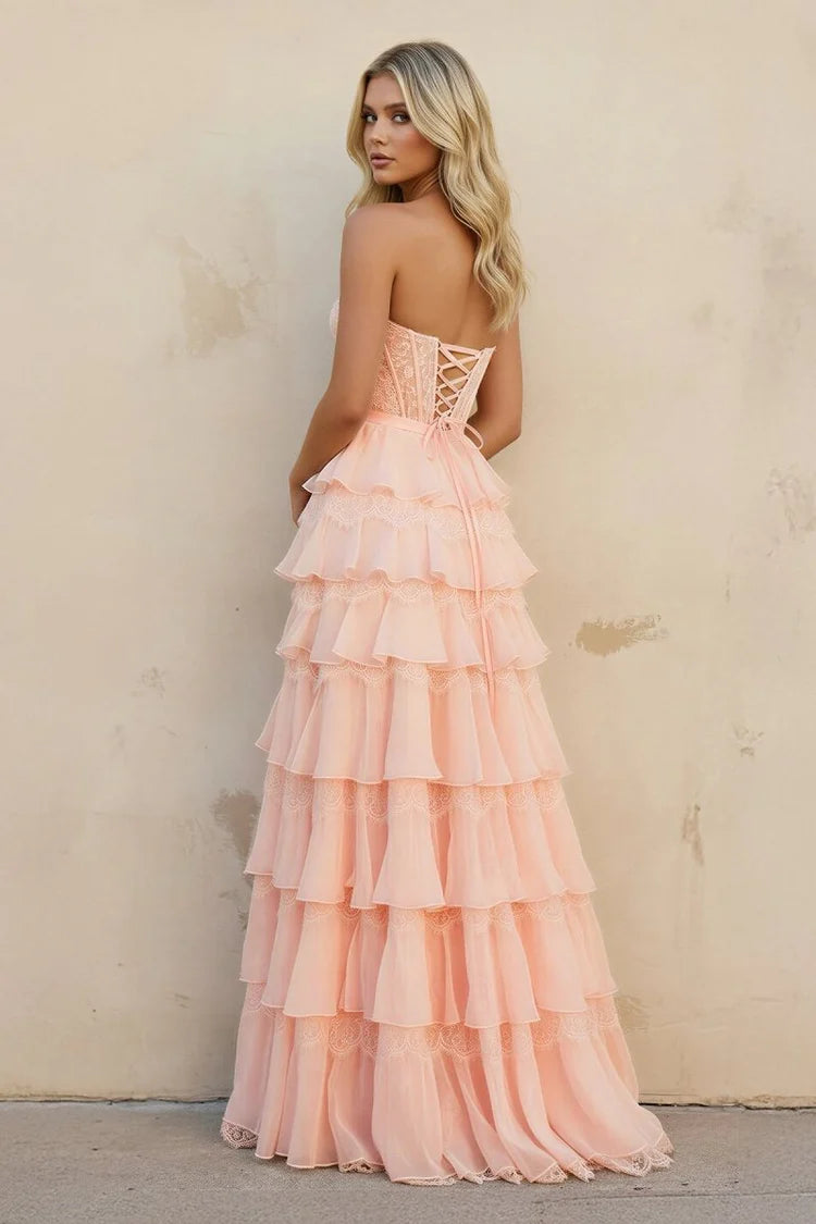 Romantic Fitted A-Line Sweetheart Neck Sleeveless Lace-Up Back Floor-Length Prom Gown